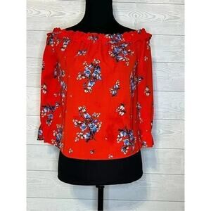 H&M Divided Red Floral Off The Shoulder Boho Festival Blouse 6
